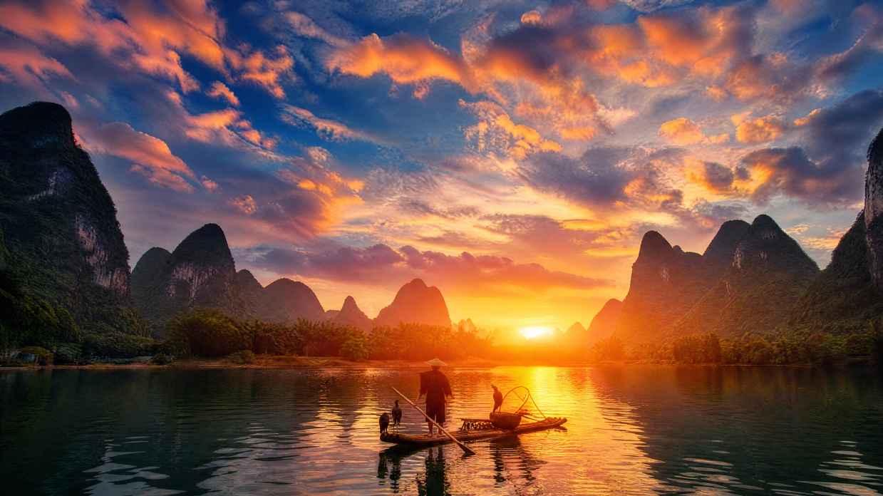 自然 风景 天空 云 山脉 船 水 河流 日落 4K壁纸 - 唯爱图库