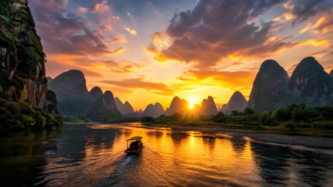 自然 风景 天空 云 山脉 船 水 河流 日落 4K壁纸 - 唯爱图库
