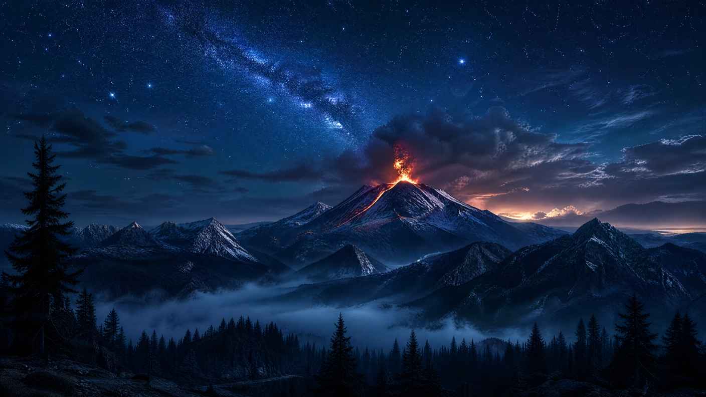 自然 景观 山脉 树木 火山 云 星星 夜雾 4K壁纸 - 唯爱图库