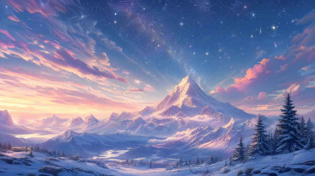 艺术 山 雪 绘画 自然 星星 天空 云 4K壁纸 - 唯爱图库