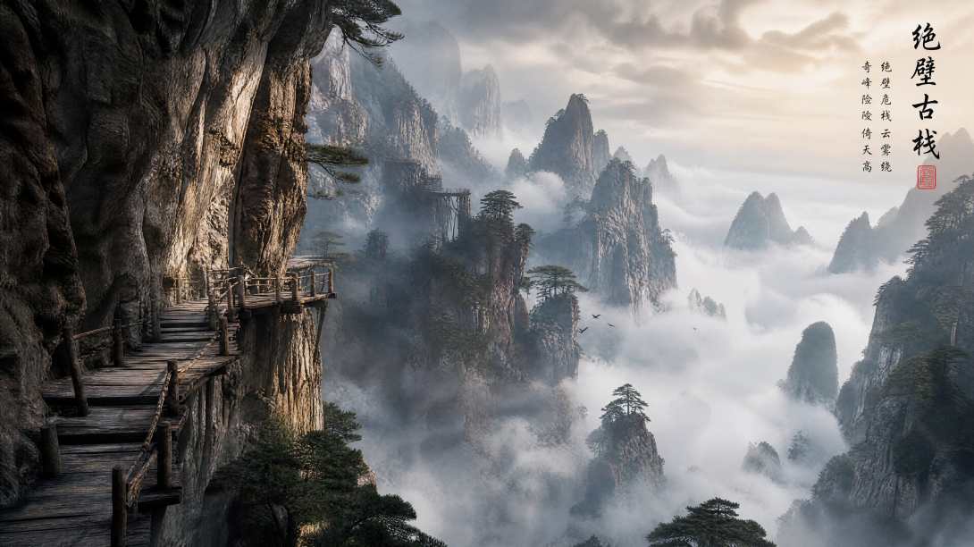 绝壁古栈 云雾缭绕 奇峰险峻 雄奇古风 4K 壁纸 - 唯爱图库