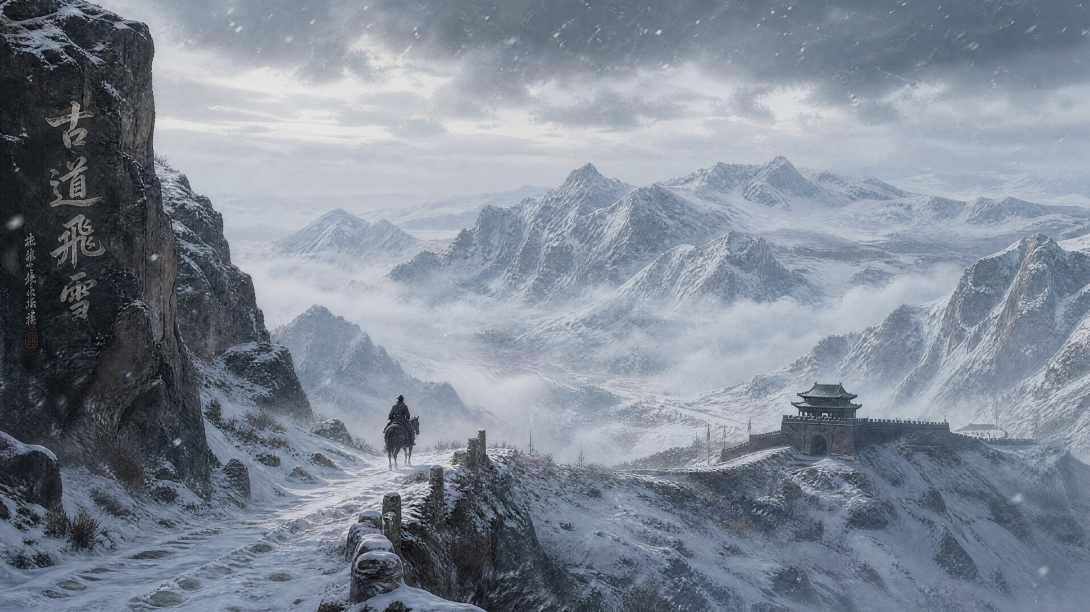 古道飞雪 塞外寒山 天地苍茫 雄浑古风 4K 壁纸 - 唯爱图库