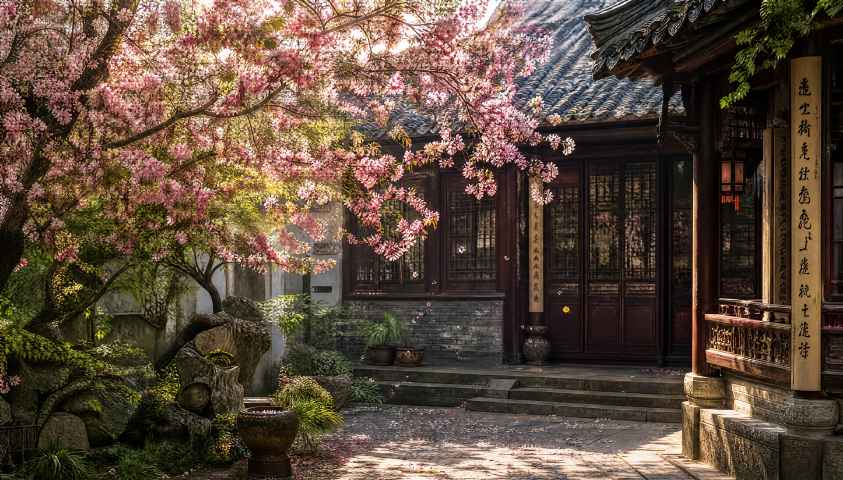 古宅庭院 海棠花开 春日光影 雅致古风 4K 壁纸 - 唯爱图库