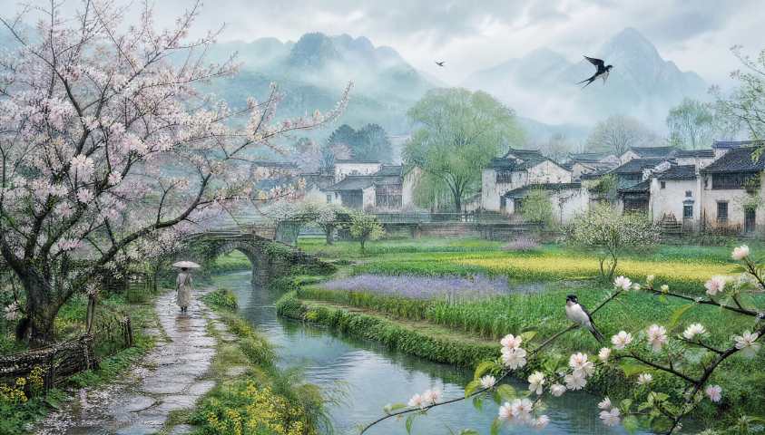 杏花微雨 古村阡陌 草长莺飞 国风春景 4K 壁纸 - 唯爱图库
