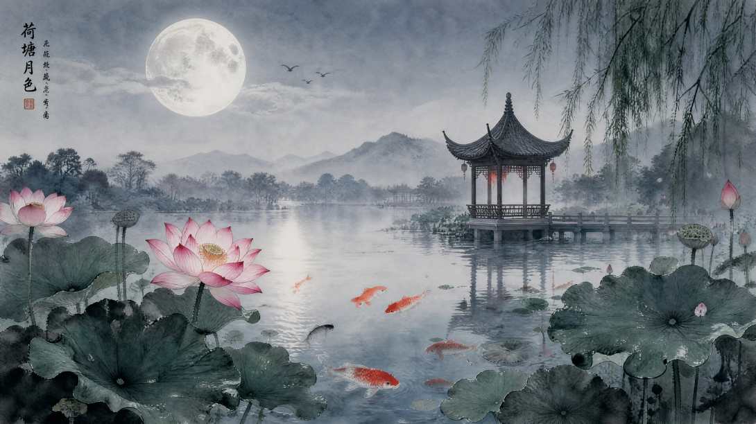 荷塘月色 莲花亭亭 锦鲤游弋 水墨国风 4K 壁纸 - 唯爱图库