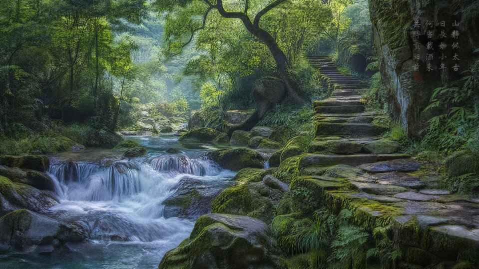 山石流水 青苔石阶 山林野趣 清逸国风 4K 壁纸 - 唯爱图库