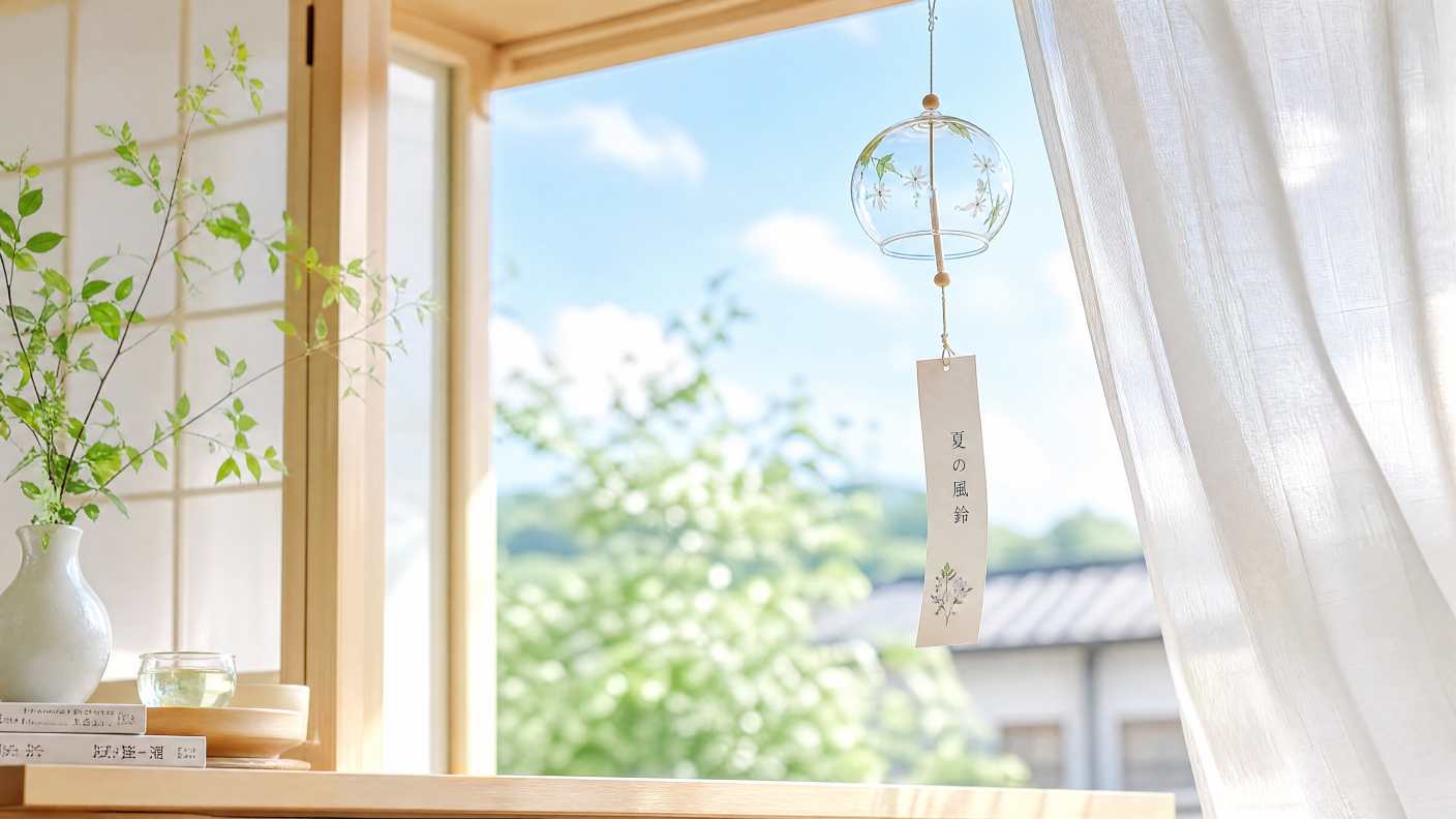 夏日风铃 窗边轻响 白色与浅木色 清新日系 4K壁纸 - 唯爱图库