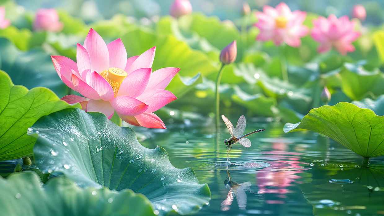夏日荷塘 粉色荷花 碧绿荷叶 蜻蜓点水 清新唯美 4K壁纸 - 唯爱图库