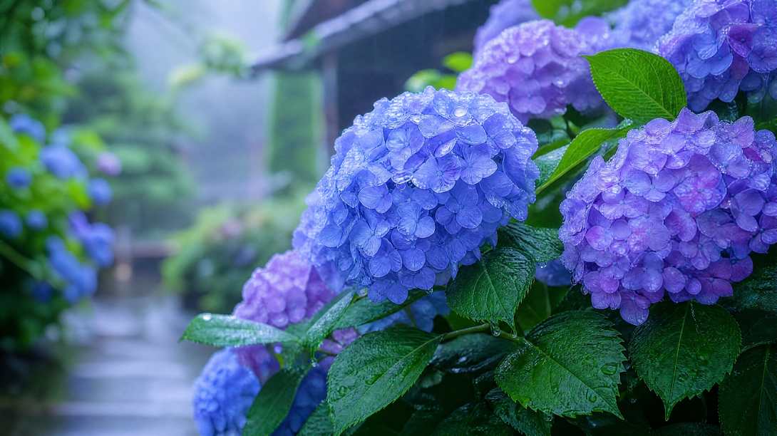 夏日紫阳花 蓝紫色花朵 雨后湿润 清新柔和 4K壁纸 - 唯爱图库