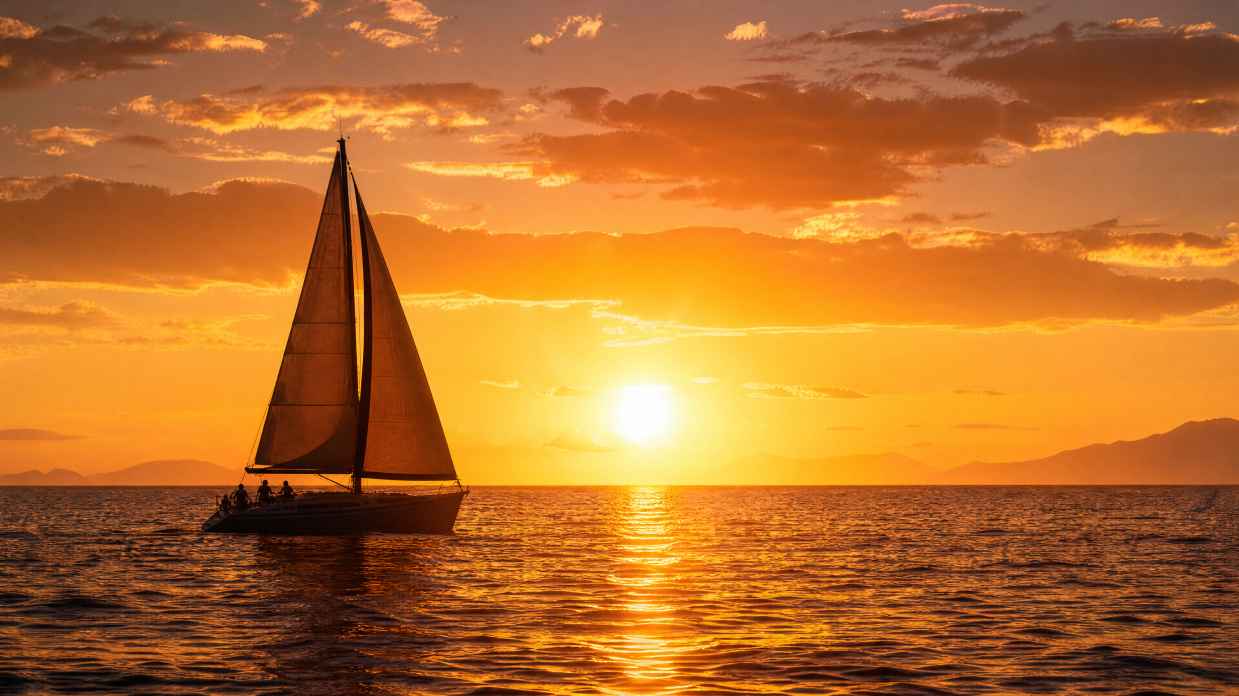 帆船夕阳 白帆剪影 海面金光 远方天空 唯美航海 4K 壁纸 - 唯爱图库