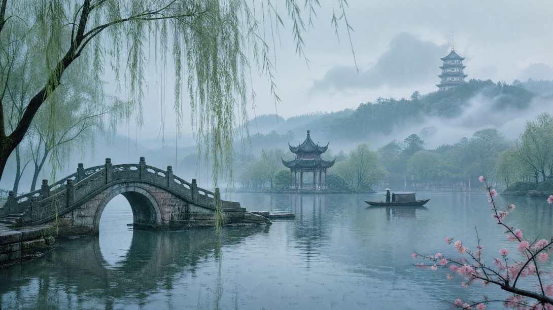 西湖烟雨 断桥残柳 水波潋滟 江南古风 4K 壁纸 - 唯爱图库