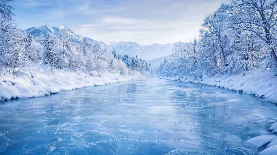 雪与河流 河流冰封 两岸积雪 静谧冬景 4K壁纸 - 唯爱图库