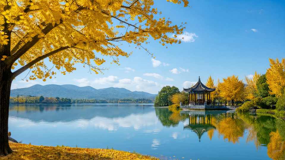 银杏与湖泊 湖面倒影 黄叶蓝天 静谧秋日 4K壁纸 - 唯爱图库