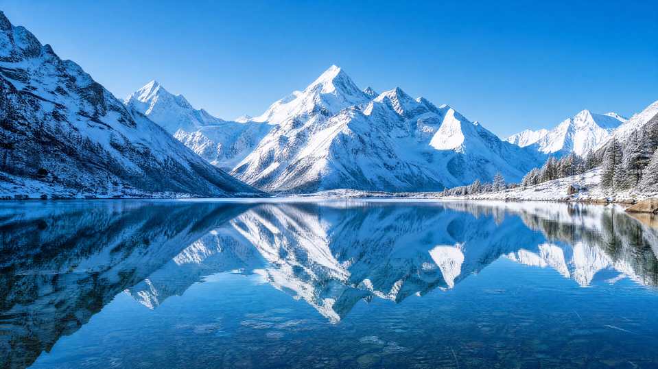 冬日雪山倒影 平静冰湖 雪峰倒影 纯净镜像 4K壁纸 - 唯爱图库