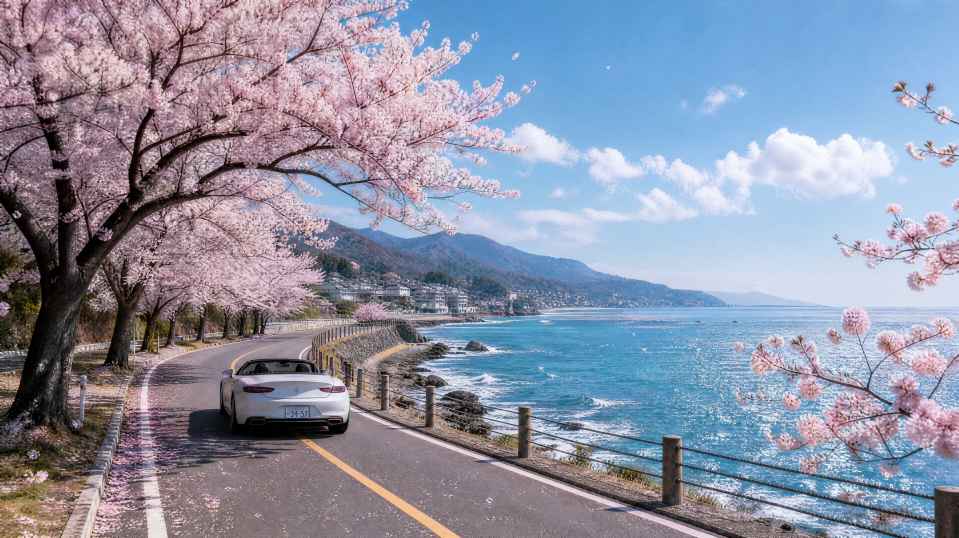 樱花与海岸线 沿海公路 花树伴海 自驾治愈 4K壁纸 - 唯爱图库