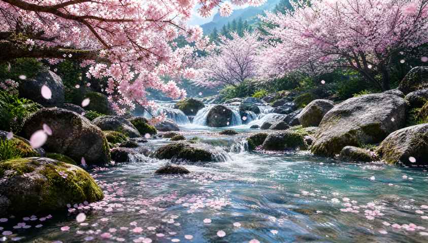 樱花与溪流 山涧清溪 花瓣逐水 清凉春意 4K壁纸 - 唯爱图库