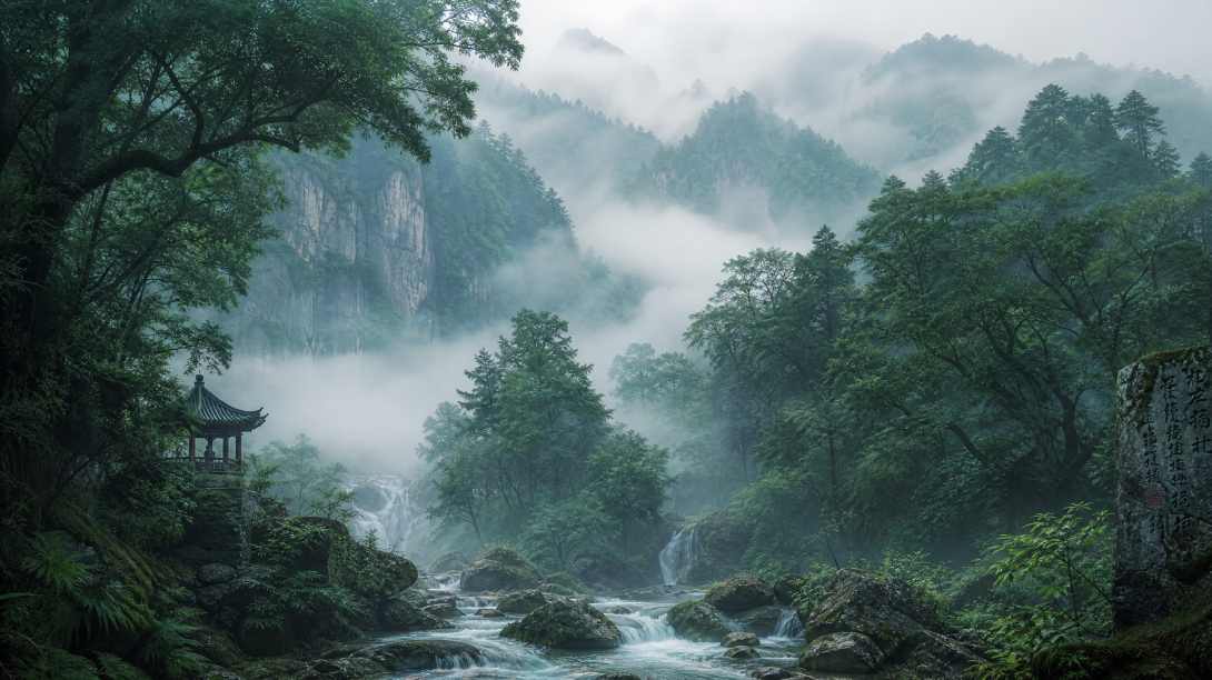 深山密林 晨雾弥漫 溪水潺潺 清幽国风 4K 壁纸 - 唯爱图库
