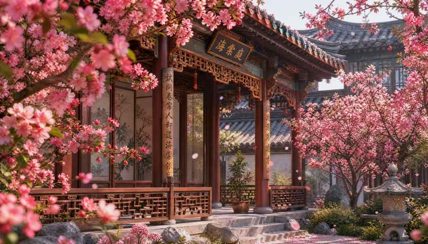 海棠花与古风庭院 雕梁画栋 海棠盛放 雅致国风 4K壁纸 - 唯爱图库