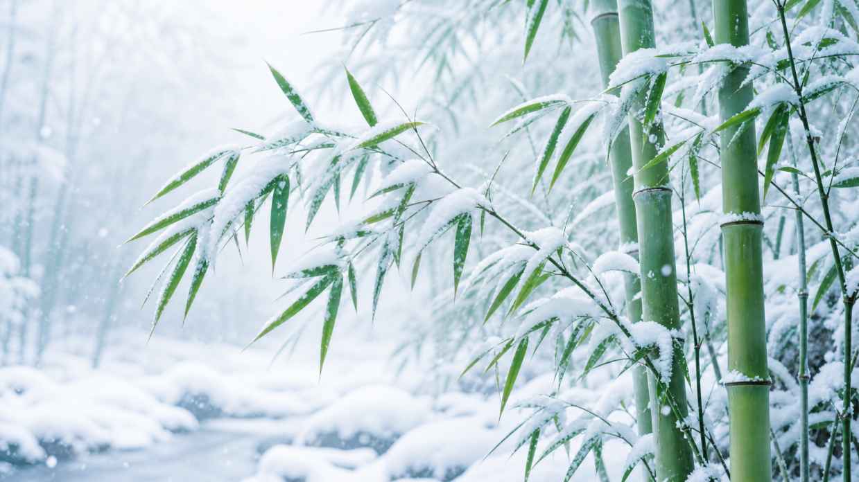 雪与翠竹 翠竹积雪 青白相映 清雅冬景 4K壁纸 - 唯爱图库