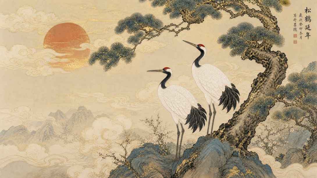 松鹤祥云 雅致吉祥 国风工笔 4K 壁纸 - 唯爱图库