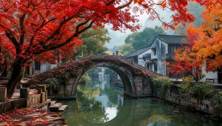 红枫与古桥流水 小桥流水 红枫傍岸 江南秋韵 4K壁纸 - 唯爱图库