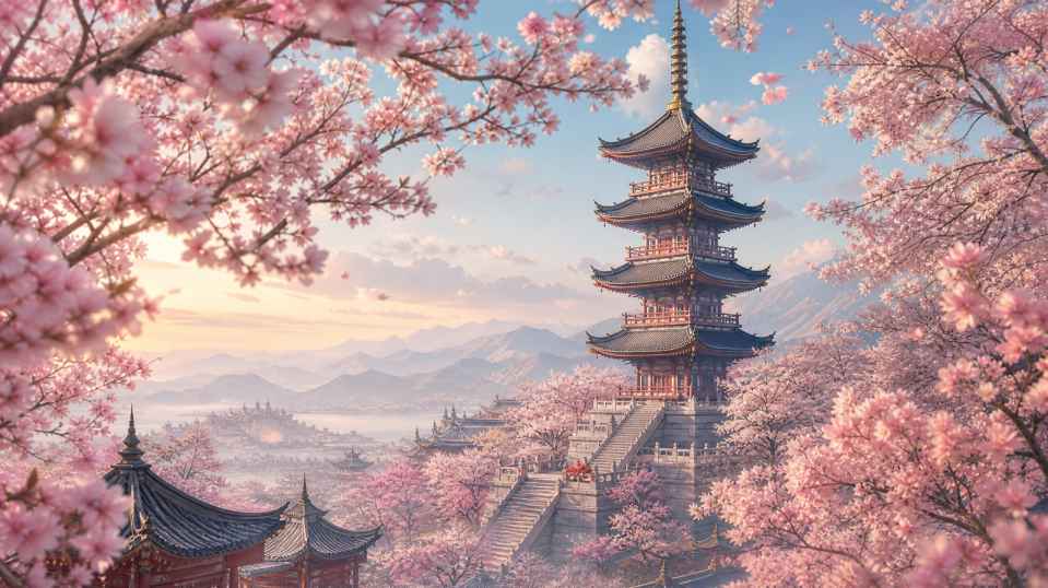 樱花与塔 古风高塔 花树环绕 古韵悠长 4K壁纸 - 唯爱图库