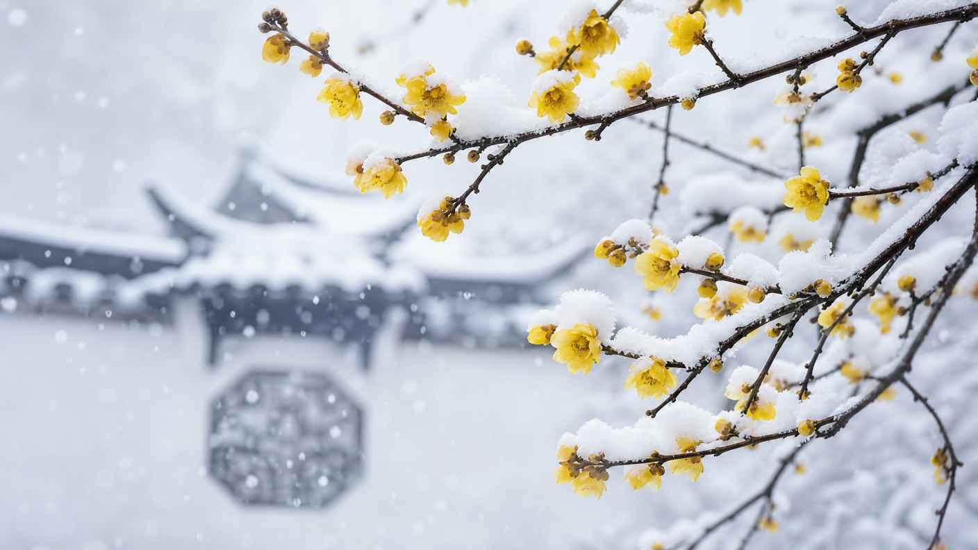 雪与腊梅 腊梅傲雪 黄花白雪 清雅冬日 4K壁纸 - 唯爱图库
