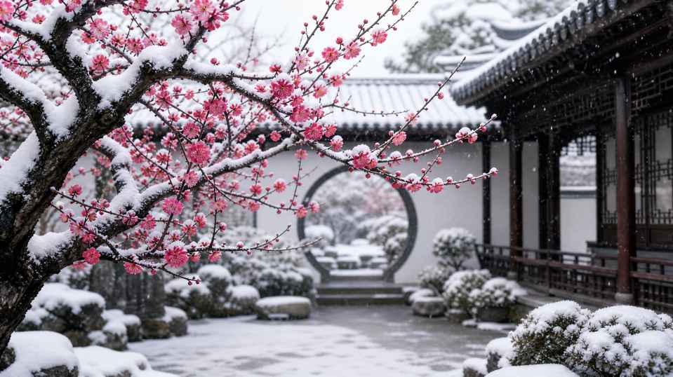 雪与梅花庭院 庭院梅树 傲雪绽放 雅致冬日 4K壁纸 - 唯爱图库