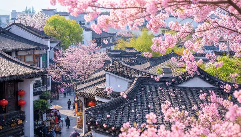 樱花与青瓦 中式民居 青瓦花影 市井春日 4K壁纸 - 唯爱图库