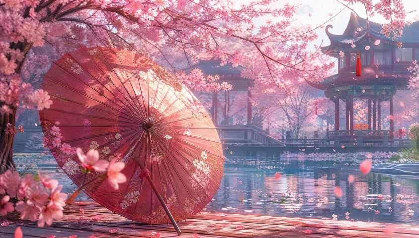 樱花与纸伞 古风场景 纸伞樱花 唯美国风 4K壁纸 - 唯爱图库