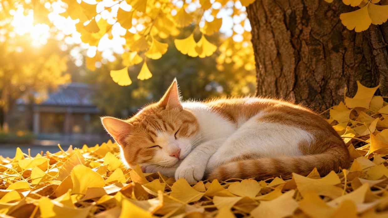 银杏与猫 猫咪卧于落叶上 阳光暖身 治愈秋日 4K壁纸 - 唯爱图库