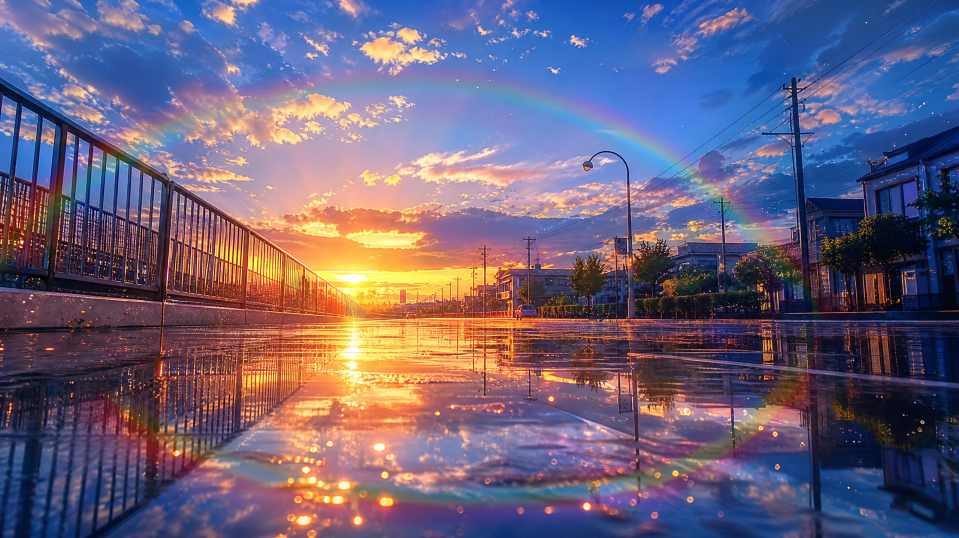 雨后天晴夕阳 湿润地面 彩虹微光 天空清透 唯美治愈 4K 壁纸 - 唯爱图库