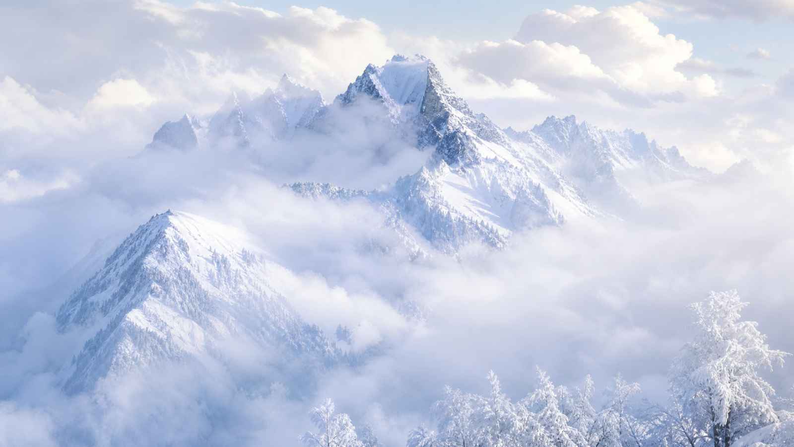 冬日雪山云雾 雪峰云雾 若隐若现 仙境冬景 4K壁纸 - 唯爱图库