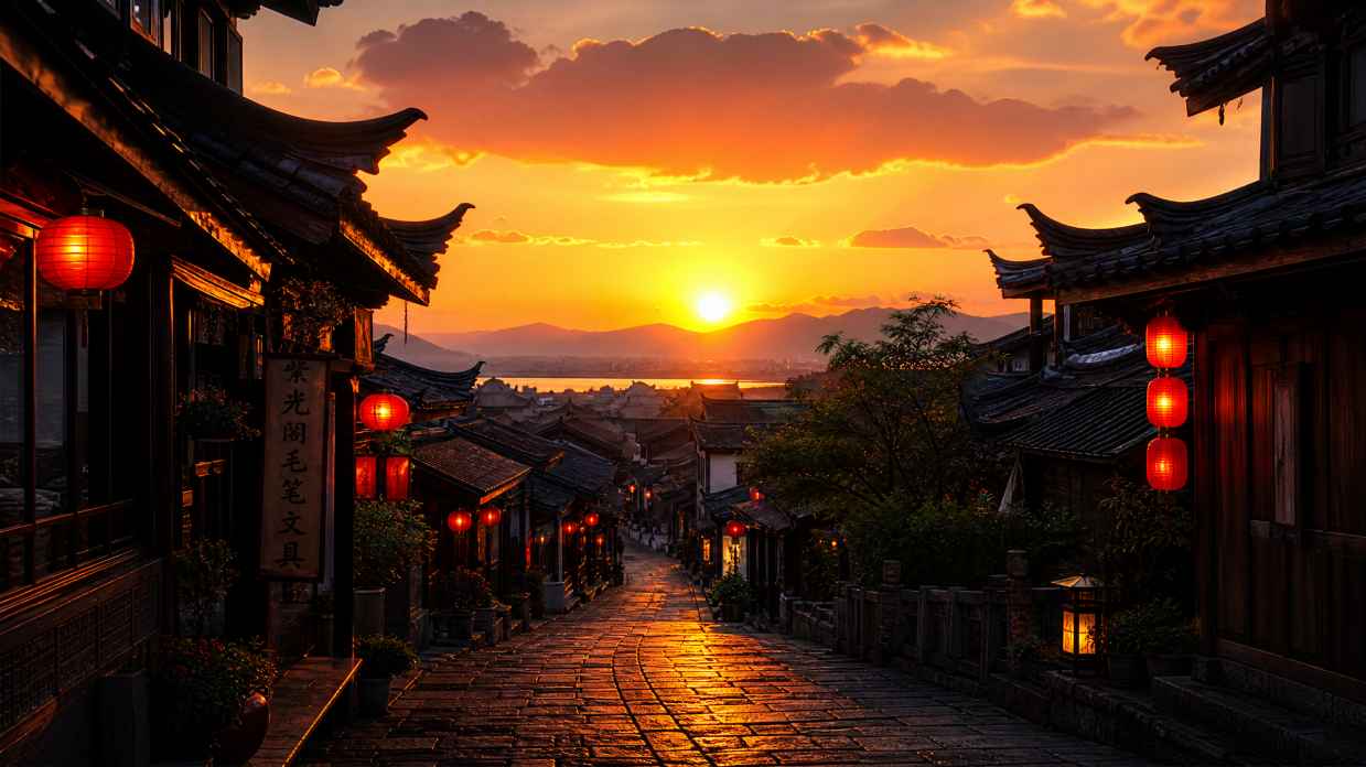 古镇夕阳 青石路暖光 灯笼初亮 屋檐剪影 唯美街巷 4K 壁纸 - 唯爱图库