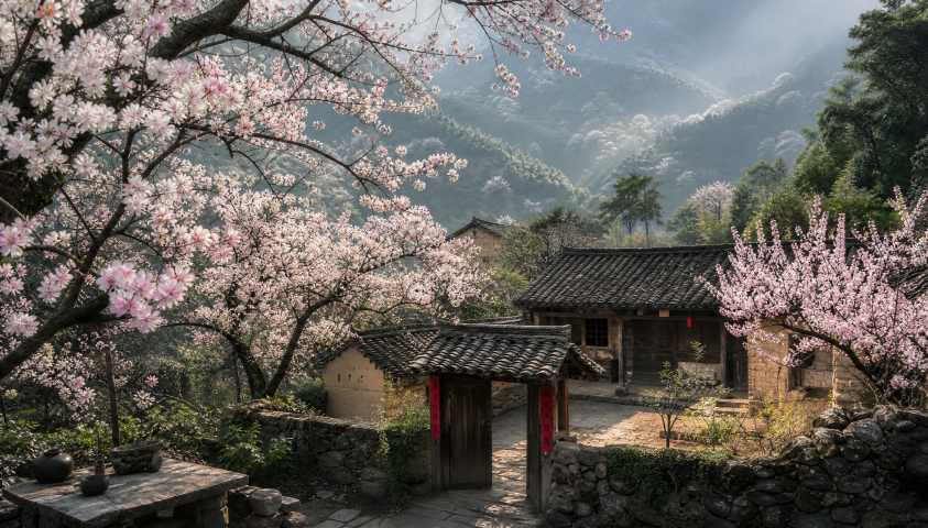 杏花山居 深山院落 杏花满枝 清幽春日 4K壁纸 - 唯爱图库