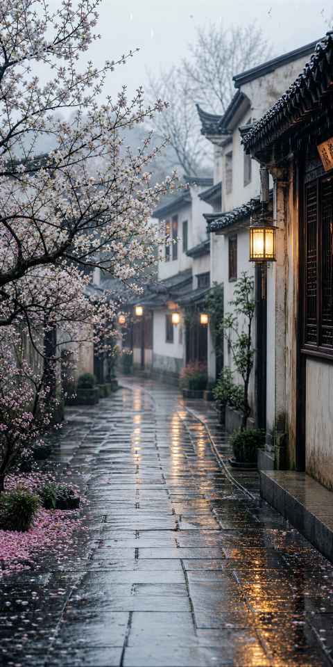 杏花微雨 细雨沾花 江南街巷 朦胧诗意 4K壁纸 - 唯爱图库