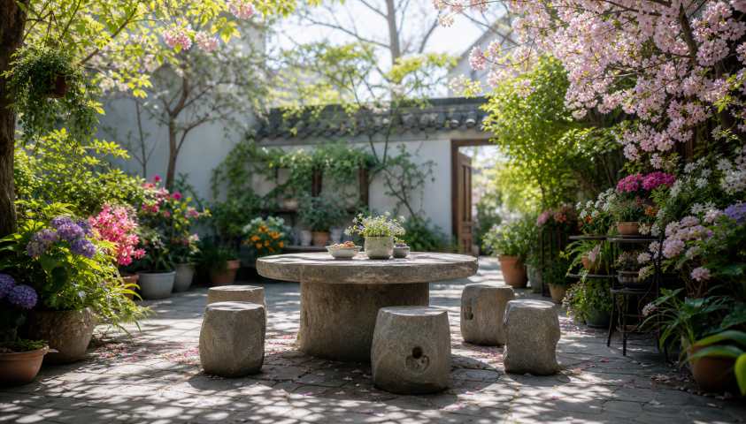 春日庭院花事 盆栽花卉 石桌石凳 闲逸春日 4K壁纸 - 唯爱图库