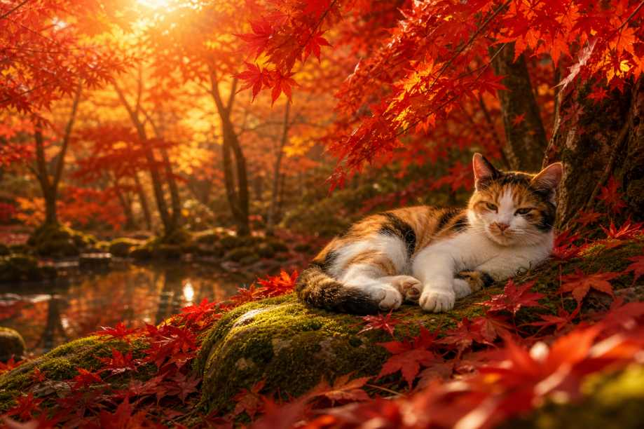 秋日枫林与猫 三花猫 红叶林 慵懒治愈 4K壁纸 - 唯爱图库