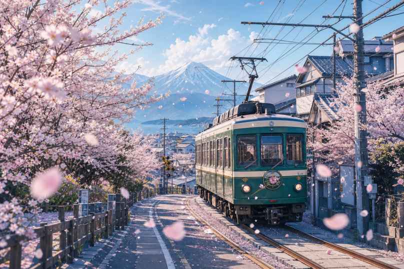 电车樱花道 列车穿行 花瓣飞舞 日系清新 4K壁纸 - 唯爱图库