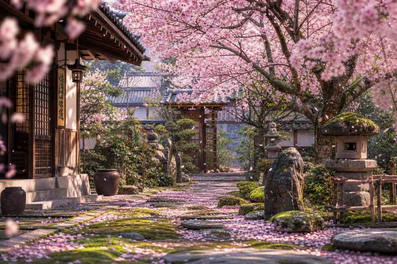 樱花庭院 石径青苔 落英缤纷 雅致春日 4K壁纸 - 唯爱图库