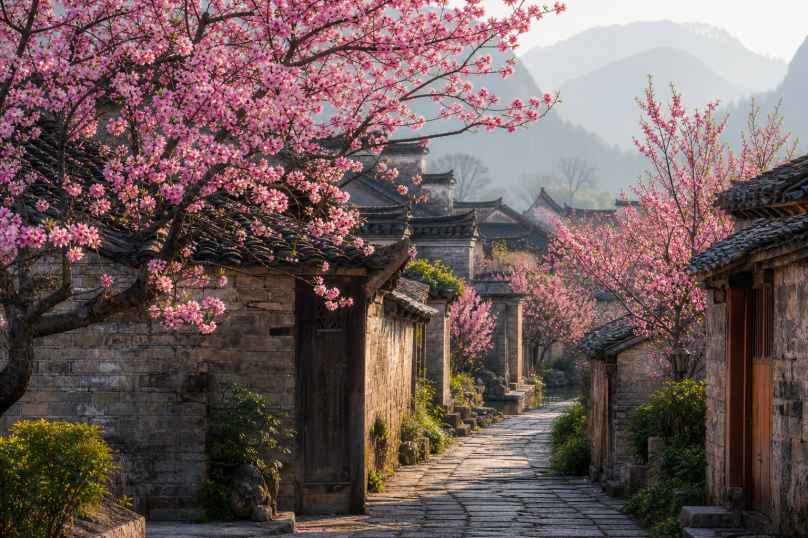 桃花与古村落 古村巷陌 桃花掩映 岁月静好 4K壁纸 - 唯爱图库