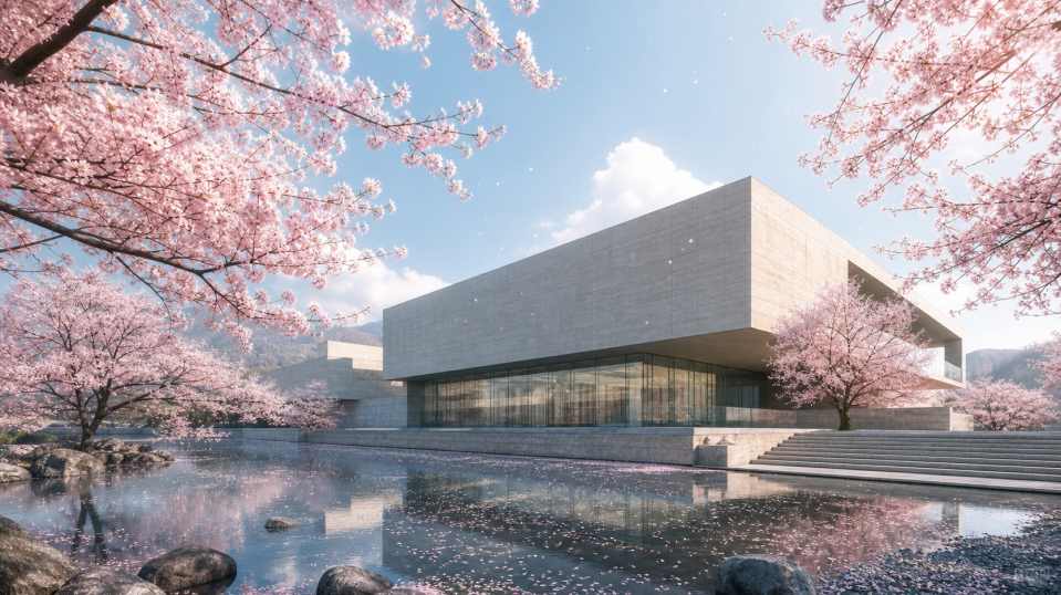 樱花与美术馆 简约建筑 花树点缀 艺术春日 4K壁纸 - 唯爱图库