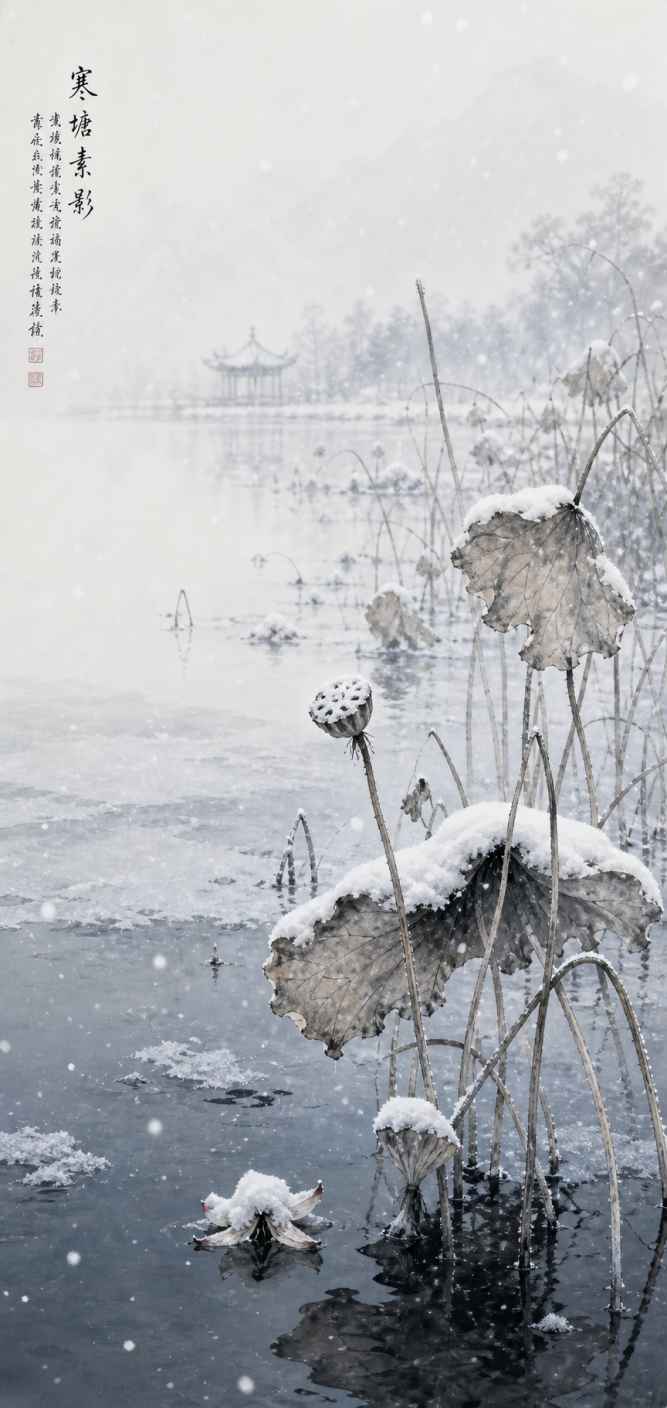 雪落荷塘残荷 残荷积雪 水墨意境 清雅冬韵 4K壁纸 - 唯爱图库