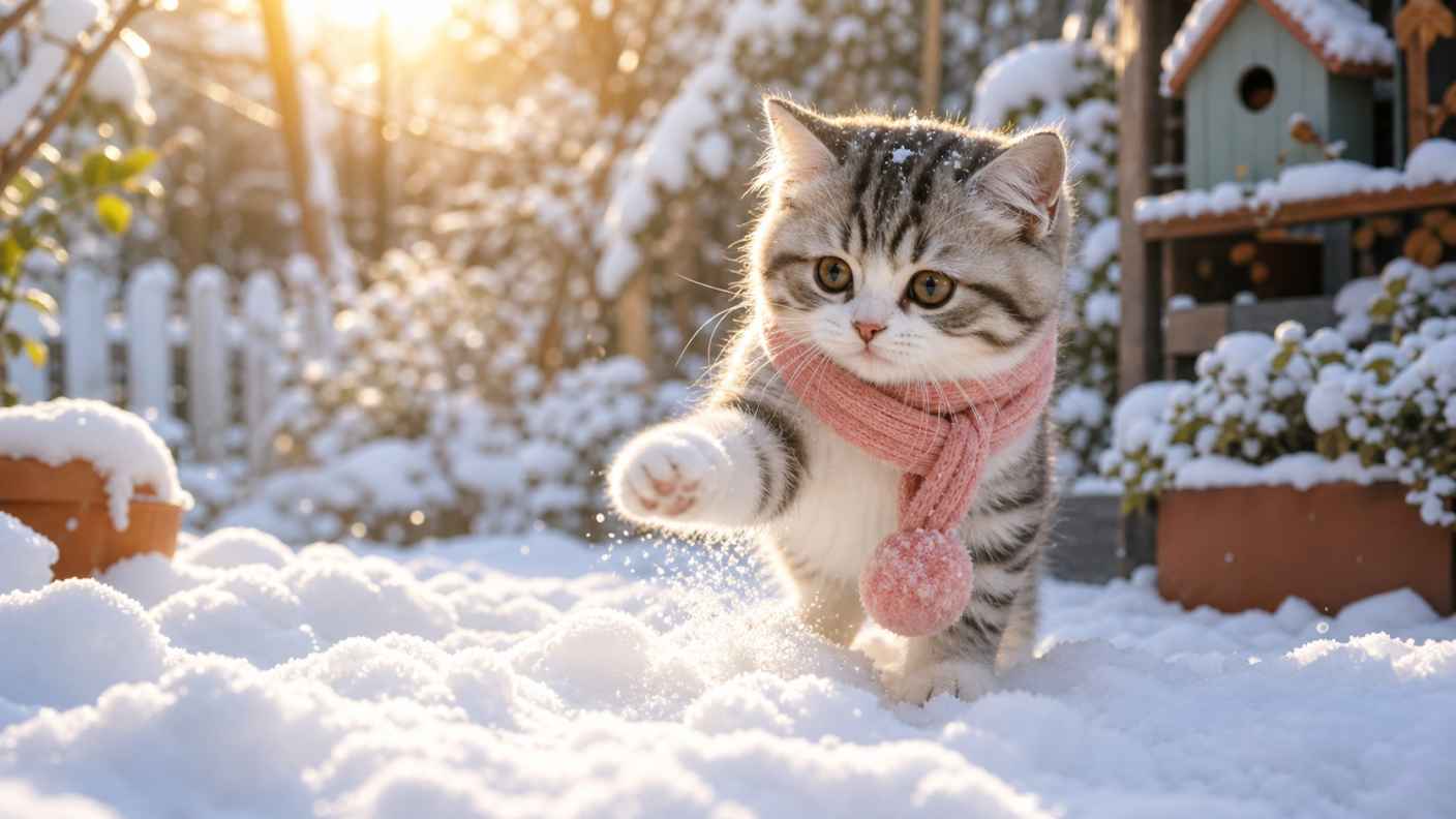 冬日暖阳与猫咪玩雪 猫咪踩雪 阳光照耀 萌趣治愈 4K壁纸 - 唯爱图库