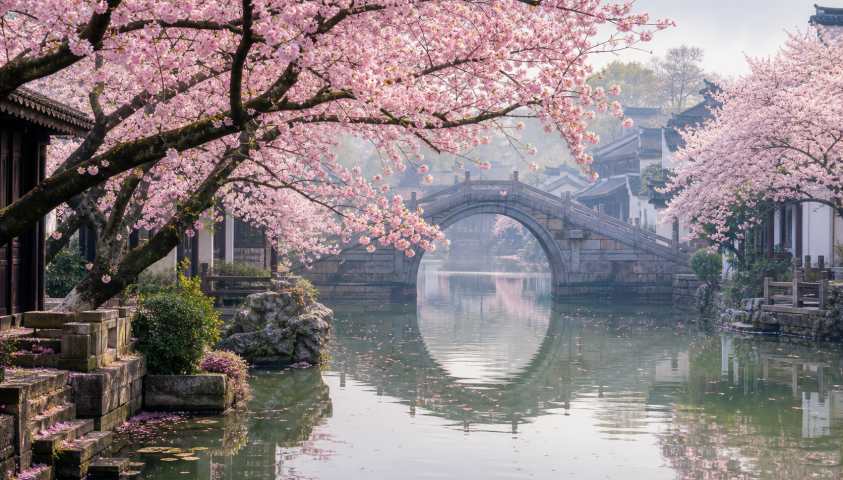 樱花与石桥 石拱桥畔 花树低垂 江南春景 4K壁纸 - 唯爱图库