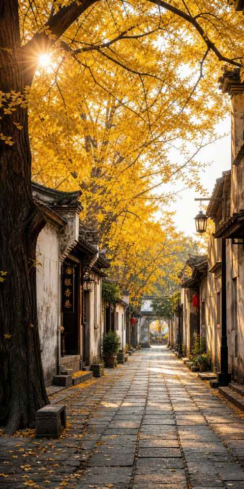 银杏与老巷 青石板路 老房银杏 岁月静好 4K壁纸 - 唯爱图库