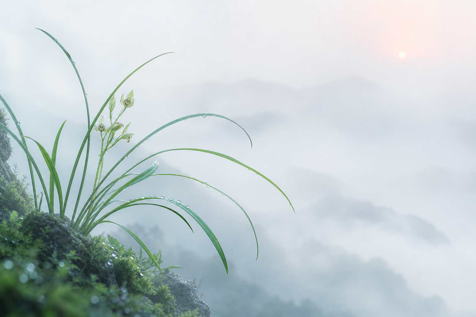 兰草幽谷 清露沾叶 淡雅空灵 极简国风 4K 壁纸 - 唯爱图库