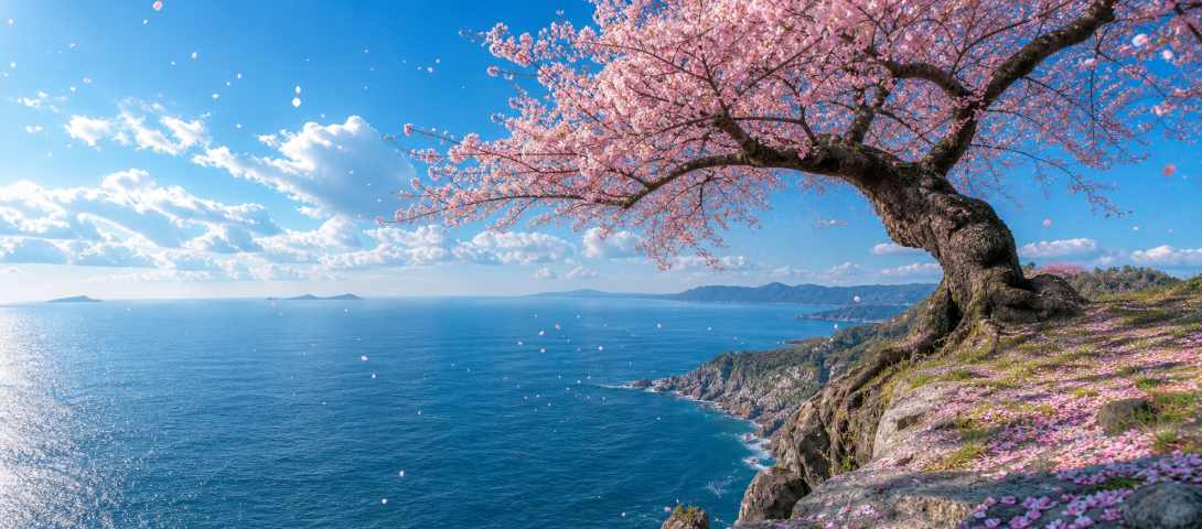 樱花与大海 悬崖花树 碧海蓝天 壮阔清新 4K壁纸 - 唯爱图库