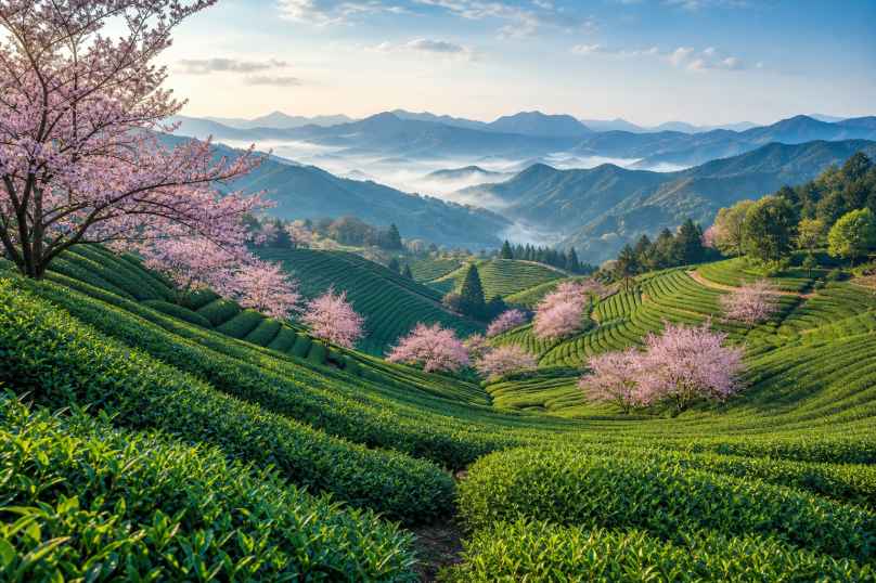 樱花茶园 茶树叠翠 粉花点缀 山间春意 4K壁纸 - 唯爱图库