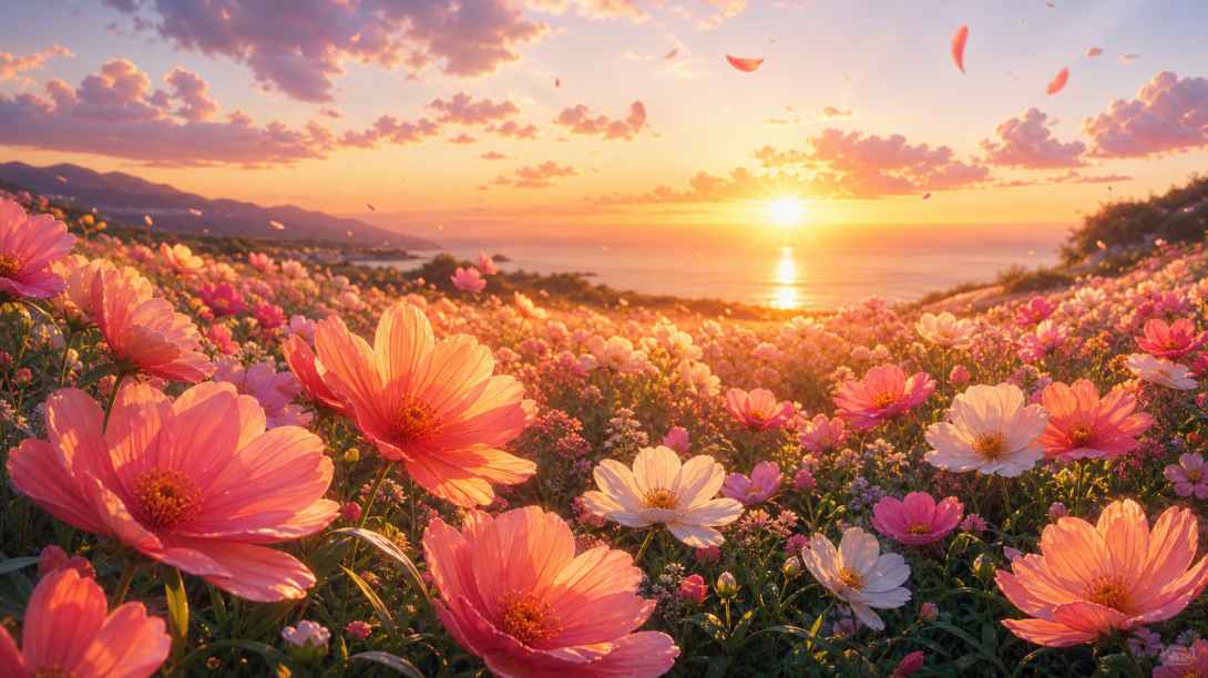 花海夕阳 花瓣泛金 微风轻拂 色彩柔和 唯美花卉 4K 壁纸 - 唯爱图库